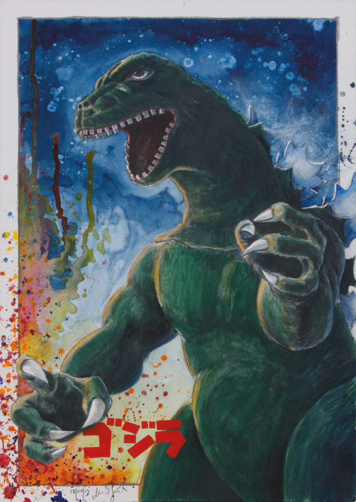 Godzilla, Aquarell, Blei- und Buntstift und Pastellkreide, ca. 50 x 70 cm, 500 €